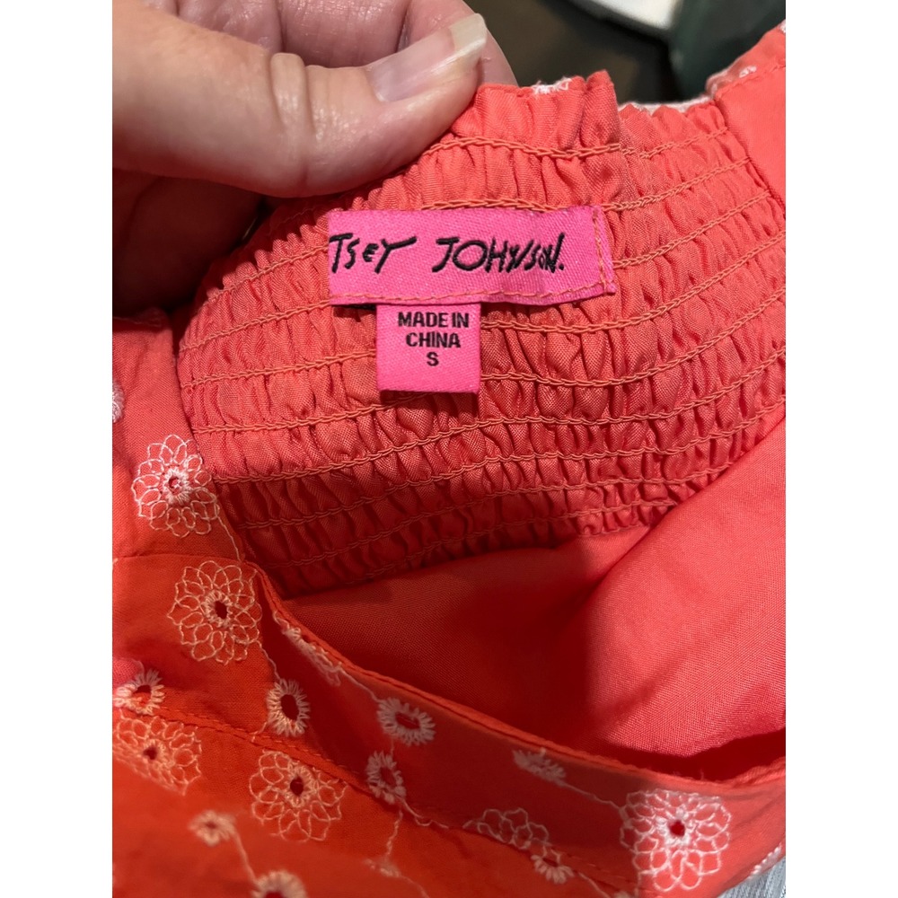Betsey Johnson Coral Pink Eyelet Floral Mini Dress Ruffle Sleeve Small - Picture 11 of 12